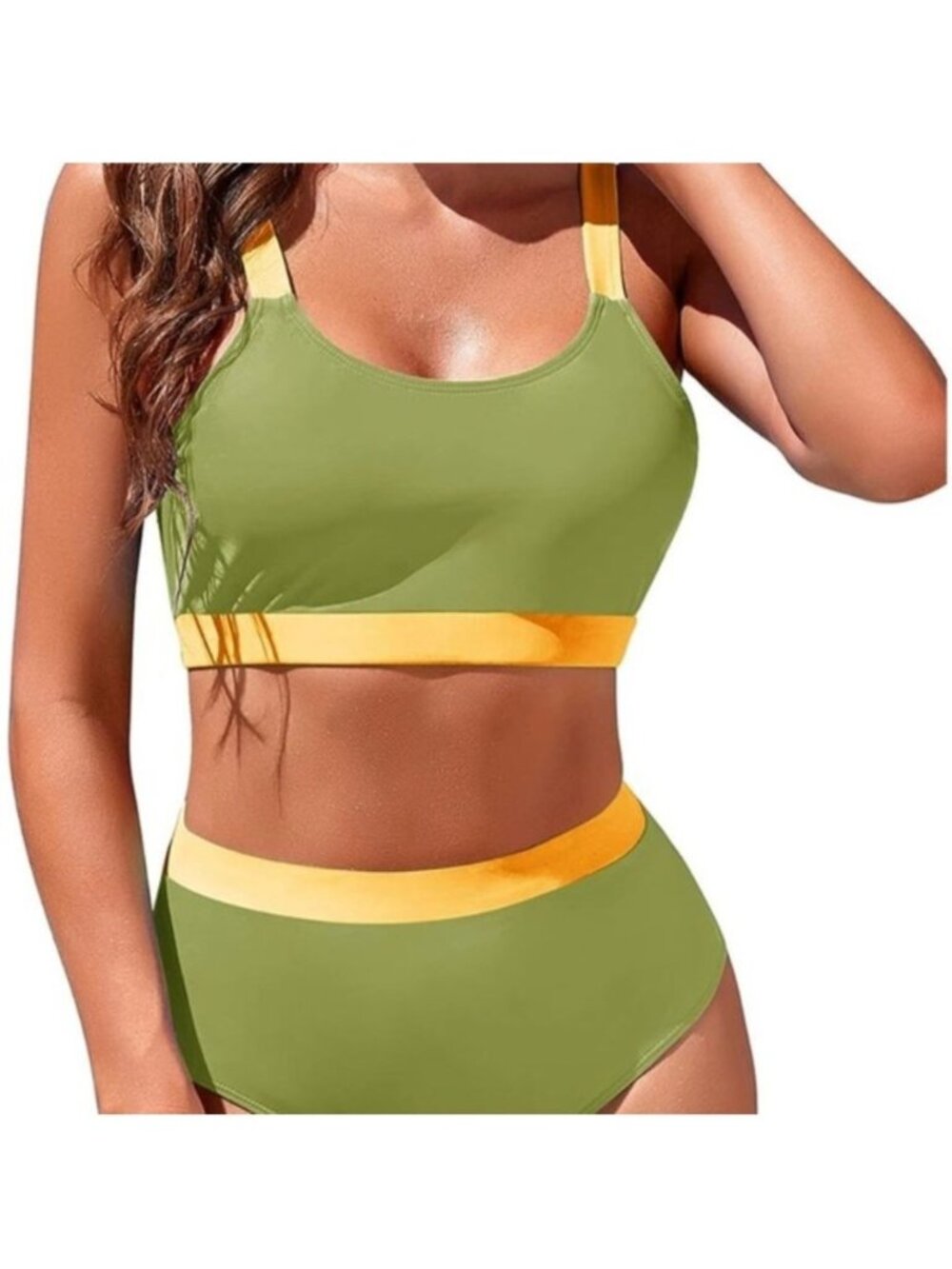 Womens Large High Waisted Bikini Set Sporty Crop Top Color Block Swimwear Beach